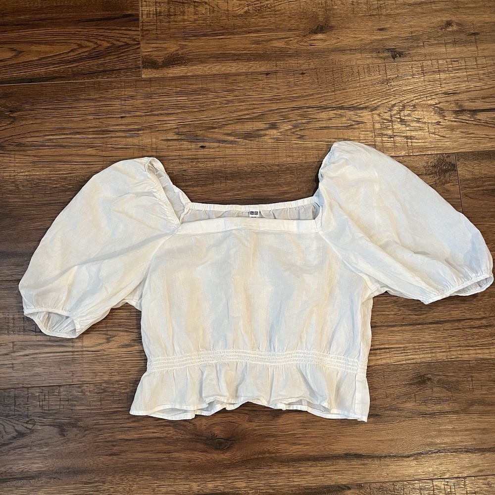 Uniqlo‎ Cropped Blouse Womens Size S White Puff Sleeves Ruffle Peasant Cottage